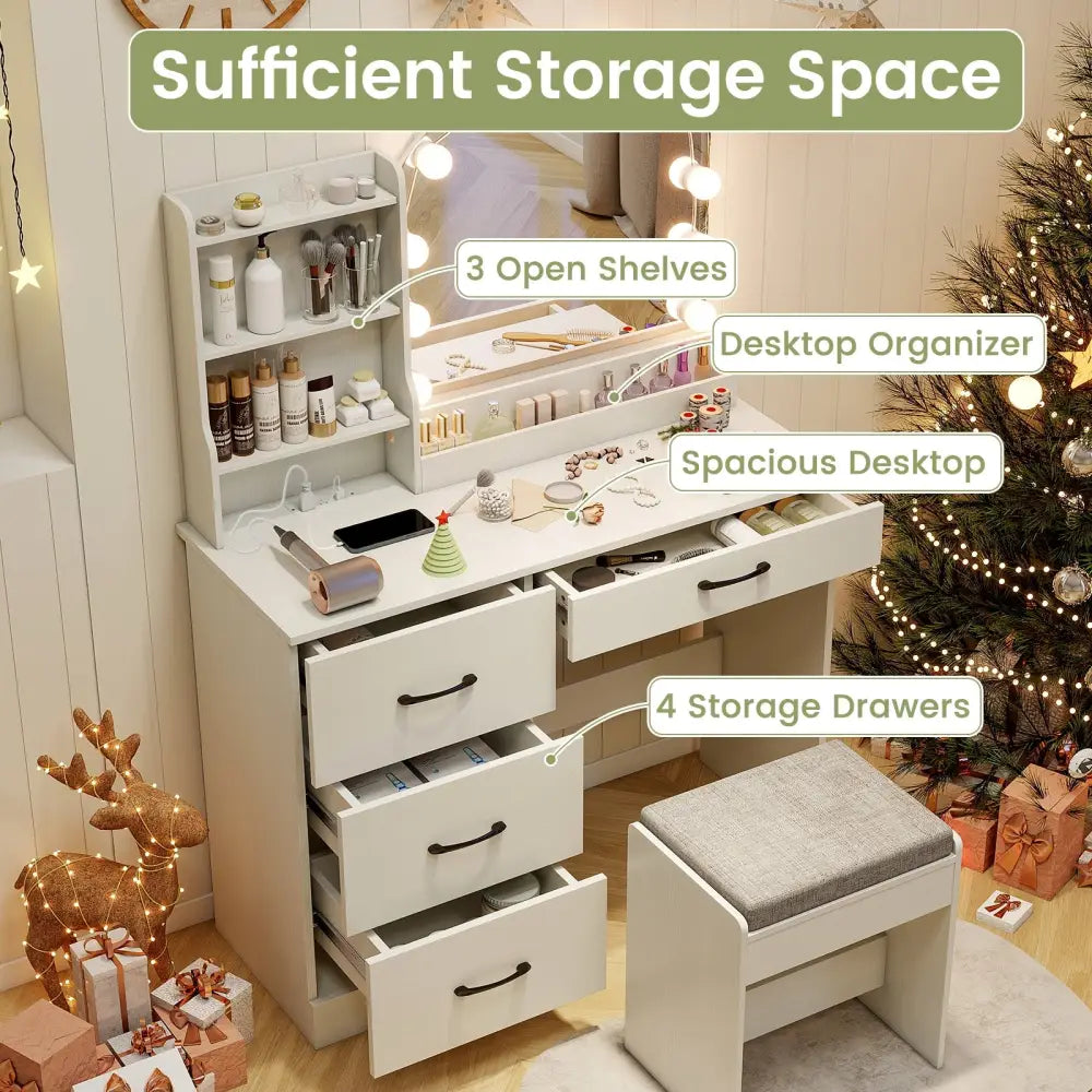 Makeup Vanity Desk Dressing Table and Stool Set with Mirror and Lights-White - White - Makeup Vanities