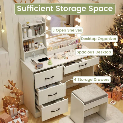 Makeup Vanity Desk Dressing Table and Stool Set with Mirror and Lights-White - White - Makeup Vanities