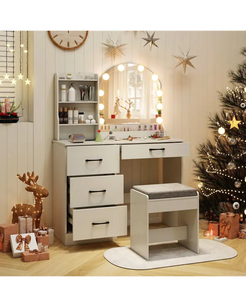 Makeup Vanity Desk Dressing Table and Stool Set with Mirror and Lights-White - White - Makeup Vanities