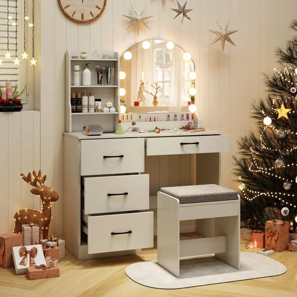 Makeup Vanity Desk Dressing Table and Stool Set with Mirror and Lights-White - White - Makeup Vanities
