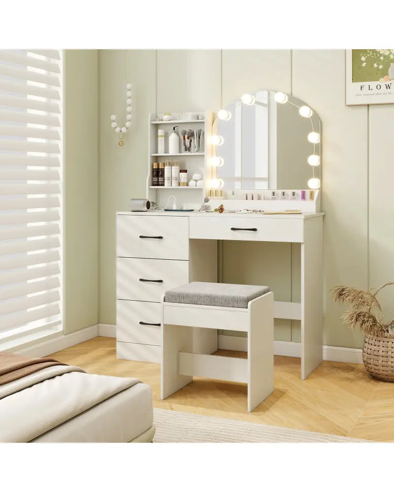 Makeup Vanity Desk Dressing Table and Stool Set with Mirror and Lights-White - White - Makeup Vanities
