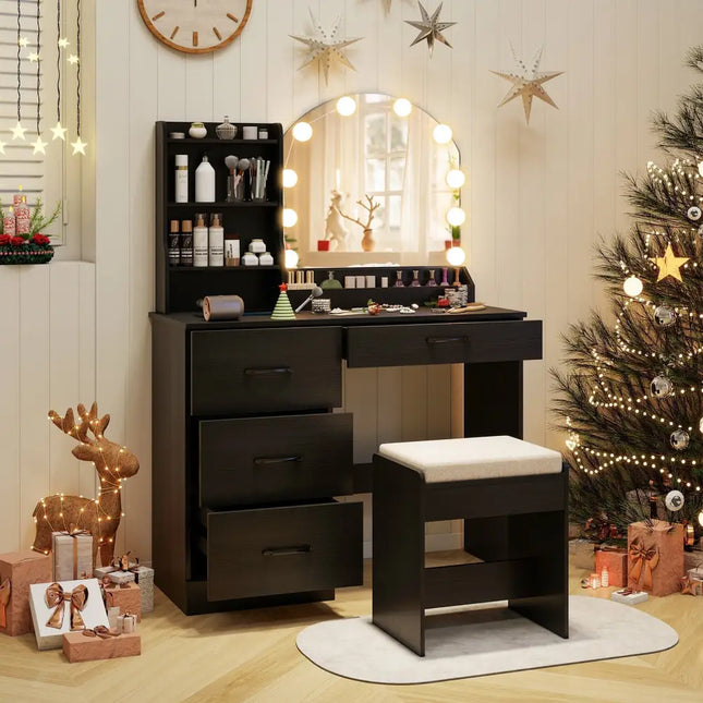 Makeup Vanity Desk Dressing Table and Stool Set with Mirror and Lights-Black - Black - Makeup Vanities