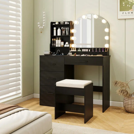 Makeup Vanity Desk Dressing Table and Stool Set with Mirror and Lights-Black - Black - Makeup Vanities