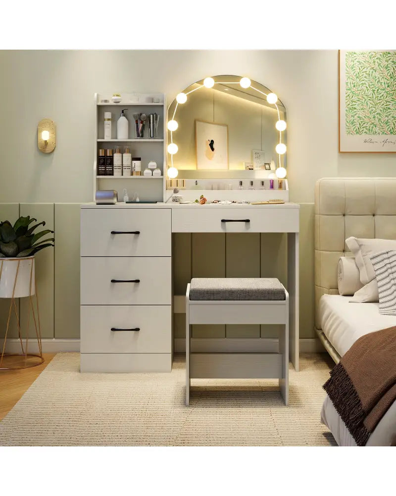 Makeup Vanity Desk Dressing Table and Stool Set with Mirror and Lights-White - White - Makeup Vanities