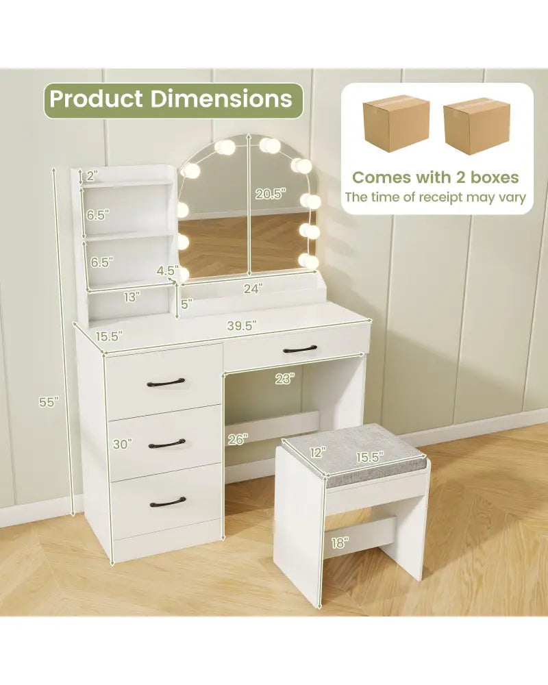 Makeup Vanity Desk Dressing Table and Stool Set with Mirror and Lights-White - White - Makeup Vanities