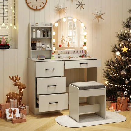 Makeup Vanity Desk Dressing Table and Stool Set with Mirror and Lights-White - White - Makeup Vanities