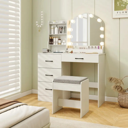 Makeup Vanity Desk Dressing Table and Stool Set with Mirror and Lights-White - White - Makeup Vanities
