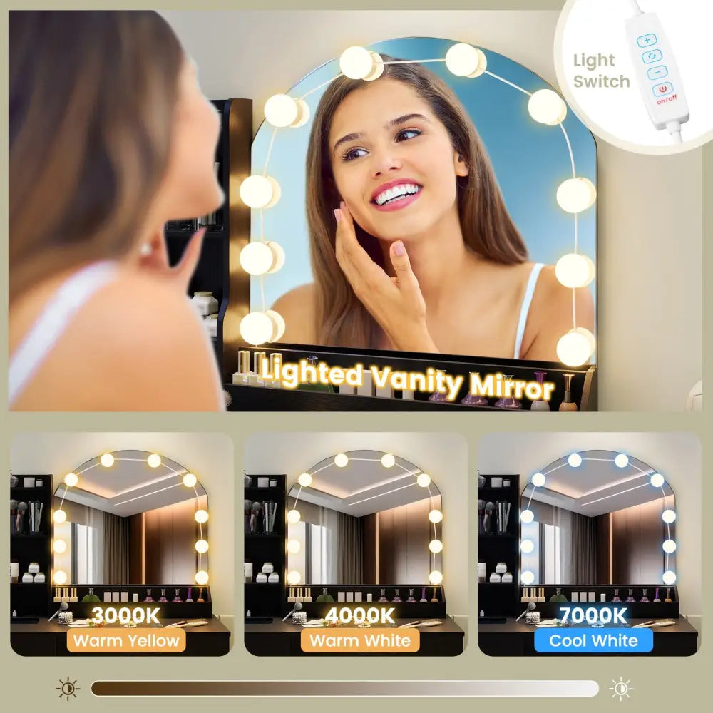 Makeup Vanity Desk Dressing Table and Stool Set with Mirror and Lights-Black - Black - Makeup Vanities