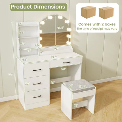 Makeup Vanity Desk Dressing Table and Stool Set with Mirror and Lights-White - White - Makeup Vanities