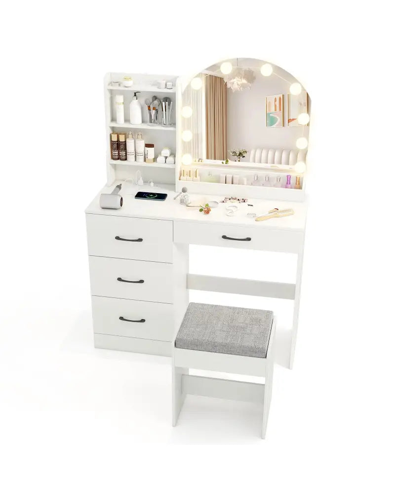 Makeup Vanity Desk Dressing Table and Stool Set with Mirror and Lights-White - White - Makeup Vanities