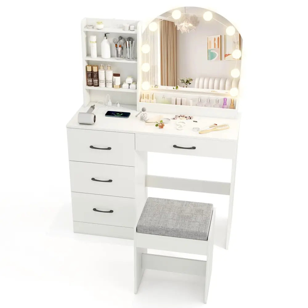 Makeup Vanity Desk Dressing Table and Stool Set with Mirror and Lights-White - White - Makeup Vanities