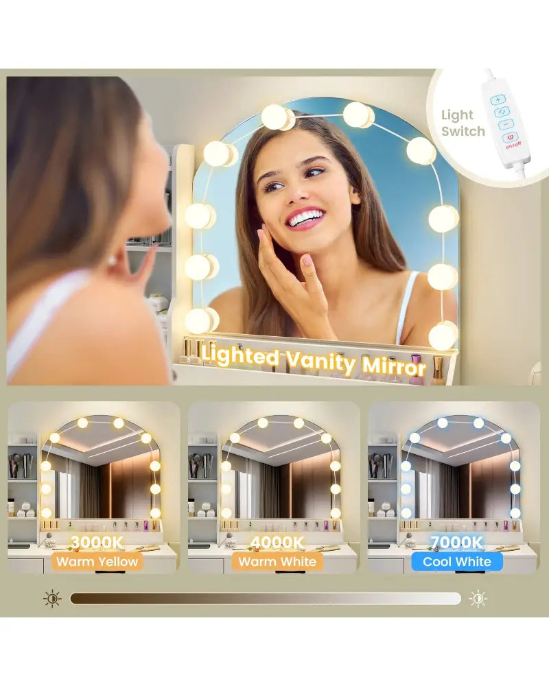 Makeup Vanity Desk Dressing Table and Stool Set with Mirror and Lights-White - White - Makeup Vanities