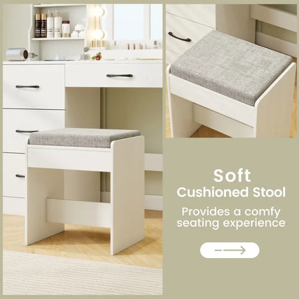 Makeup Vanity Desk Dressing Table and Stool Set with Mirror and Lights-White - White - Makeup Vanities