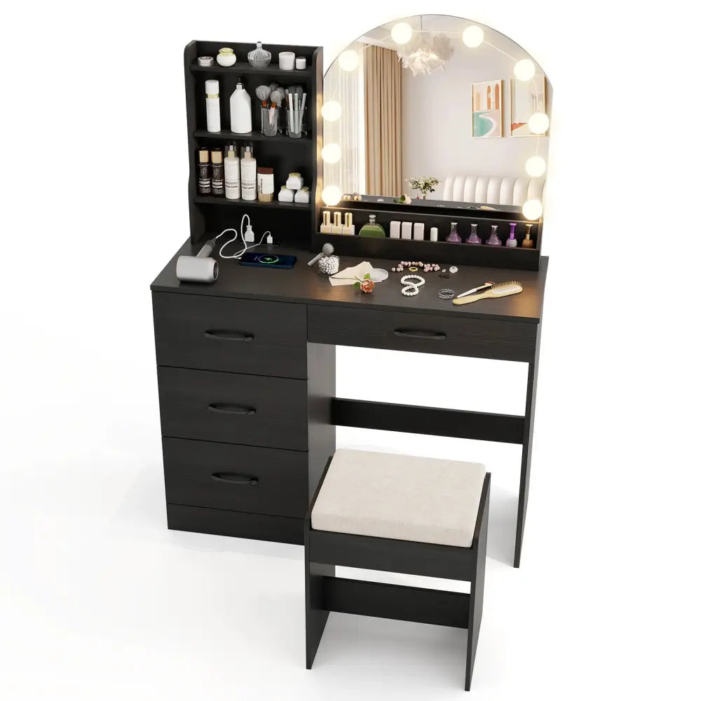 Makeup Vanity Desk Dressing Table and Stool Set with Mirror and Lights-Black - Black - Makeup Vanities