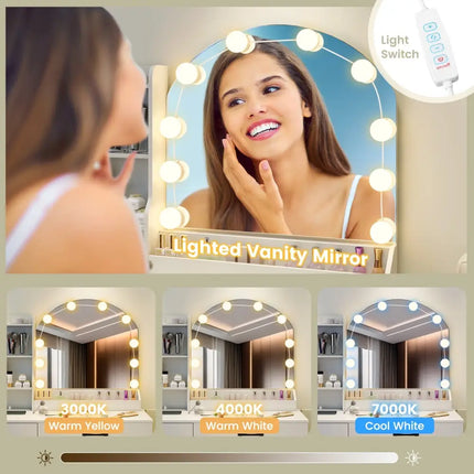 Makeup Vanity Desk Dressing Table and Stool Set with Mirror and Lights-White - White - Makeup Vanities