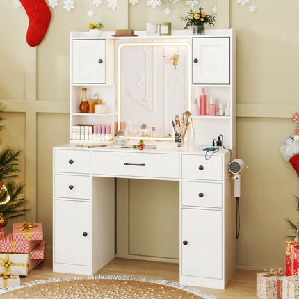 Makeup Vanity Desk with Lighted Mirror and Charging Station-White - White - Makeup Vanities