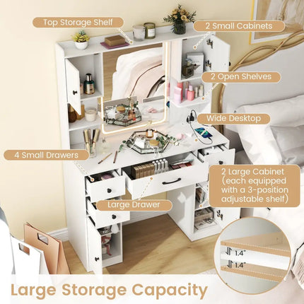 Makeup Vanity Desk with Lighted Mirror and Charging Station-White - White - Makeup Vanities