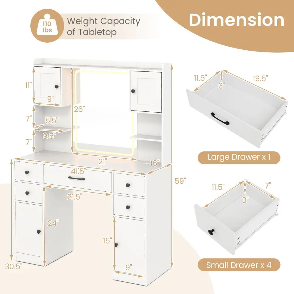 Makeup Vanity Desk with Lighted Mirror and Charging Station-White - White - Makeup Vanities