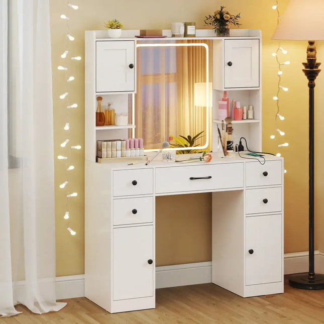 Makeup Vanity Desk with Lighted Mirror and Charging Station-White - White - Makeup Vanities