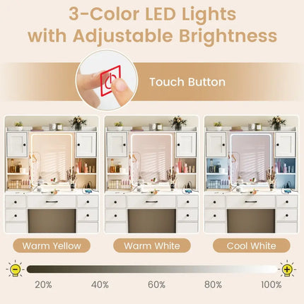 Makeup Vanity Desk with Lighted Mirror and Charging Station-White - White - Makeup Vanities