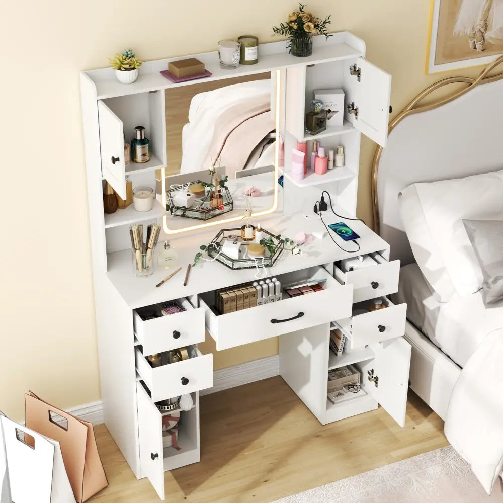 Makeup Vanity Desk with Lighted Mirror and Charging Station-White - White - Makeup Vanities