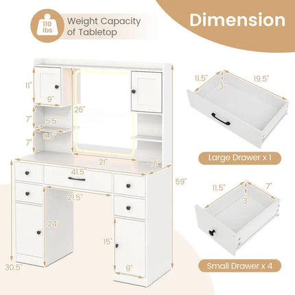 Makeup Vanity Desk with Lighted Mirror and Charging Station-White - White - Makeup Vanities