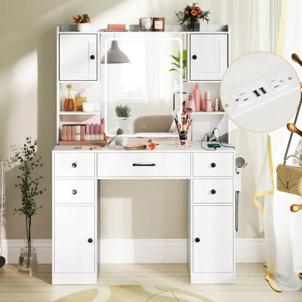 Makeup Vanity Desk with Lighted Mirror and Charging Station-White - White - Makeup Vanities