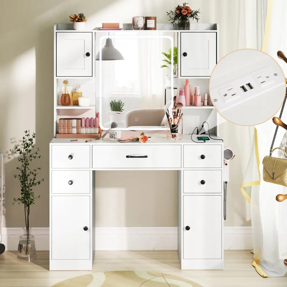Makeup Vanity Desk with Lighted Mirror and Charging Station-White - White - Makeup Vanities