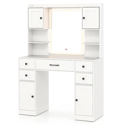Makeup Vanity Desk with Lighted Mirror and Charging Station-White - White - Makeup Vanities