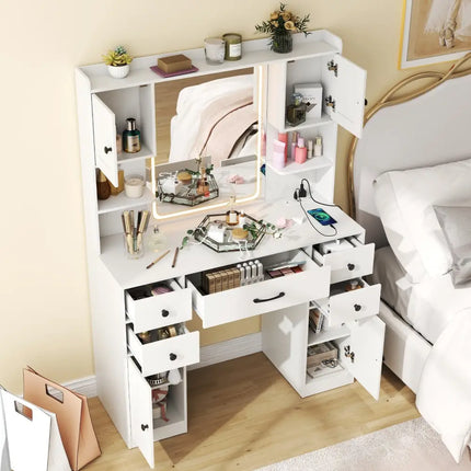Makeup Vanity Desk with Lighted Mirror and Charging Station-White - White - Makeup Vanities