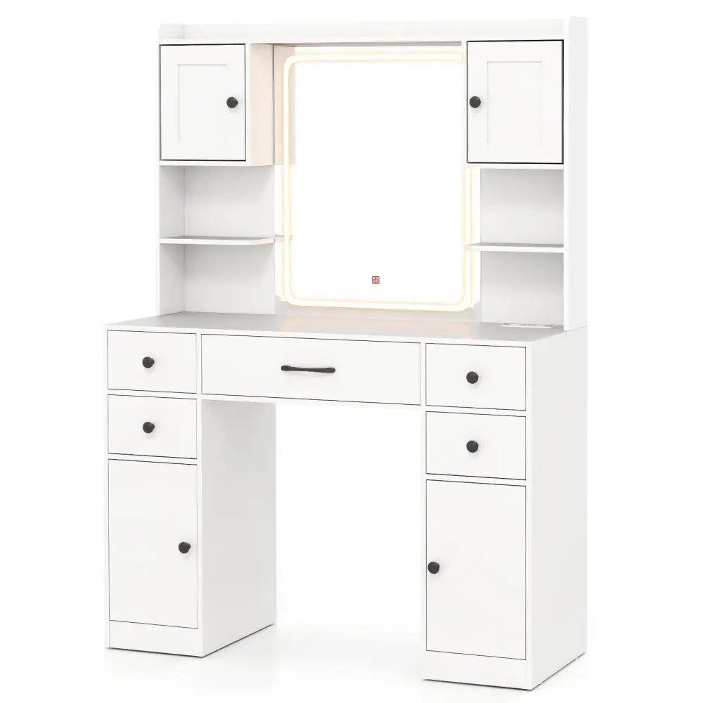 Makeup Vanity Desk with Lighted Mirror and Charging Station-White - White - Makeup Vanities