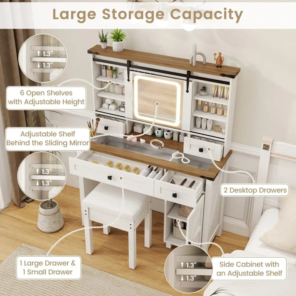 Makeup Vanity Desk with Mirror and 3-Color Dimmable LED Lights-White - White - Makeup Vanities
