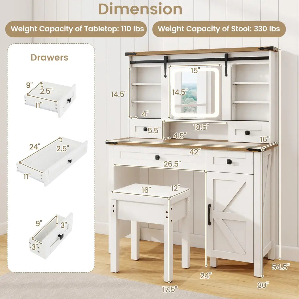 Makeup Vanity Desk with Mirror and 3-Color Dimmable LED Lights-White - White - Makeup Vanities