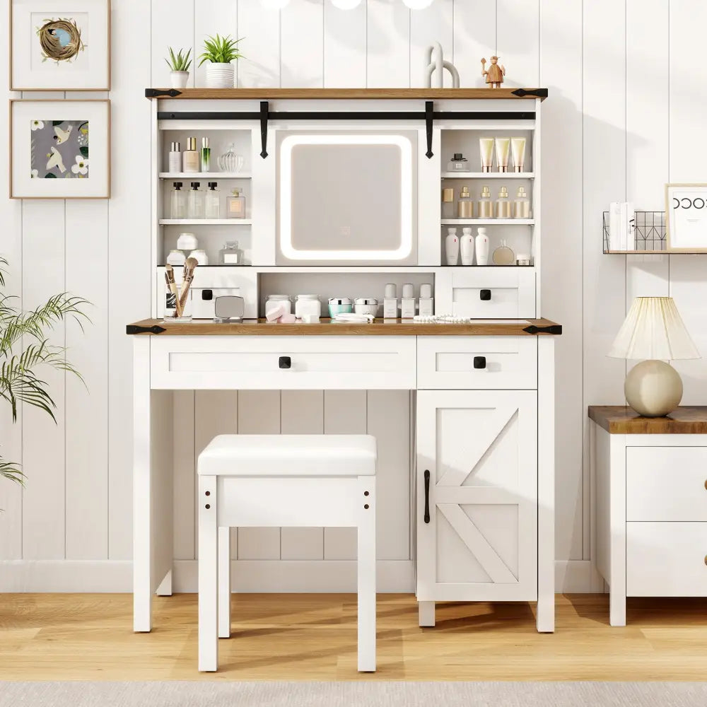 Makeup Vanity Desk with Mirror and 3-Color Dimmable LED Lights-White - White - Makeup Vanities