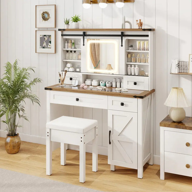 Makeup Vanity Desk with Mirror and 3-Color Dimmable LED Lights-White - White - Makeup Vanities