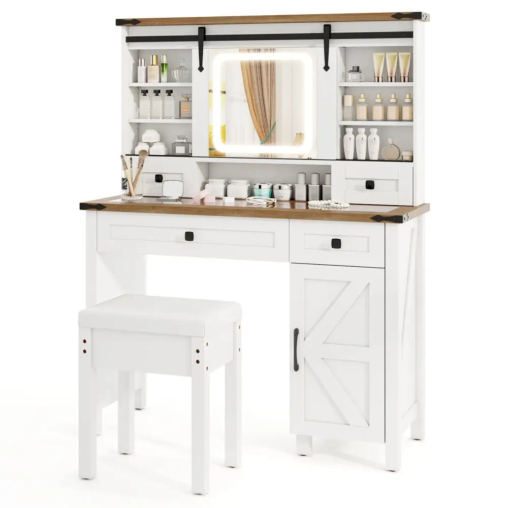 Makeup Vanity Desk with Mirror and 3-Color Dimmable LED Lights-White - White - Makeup Vanities
