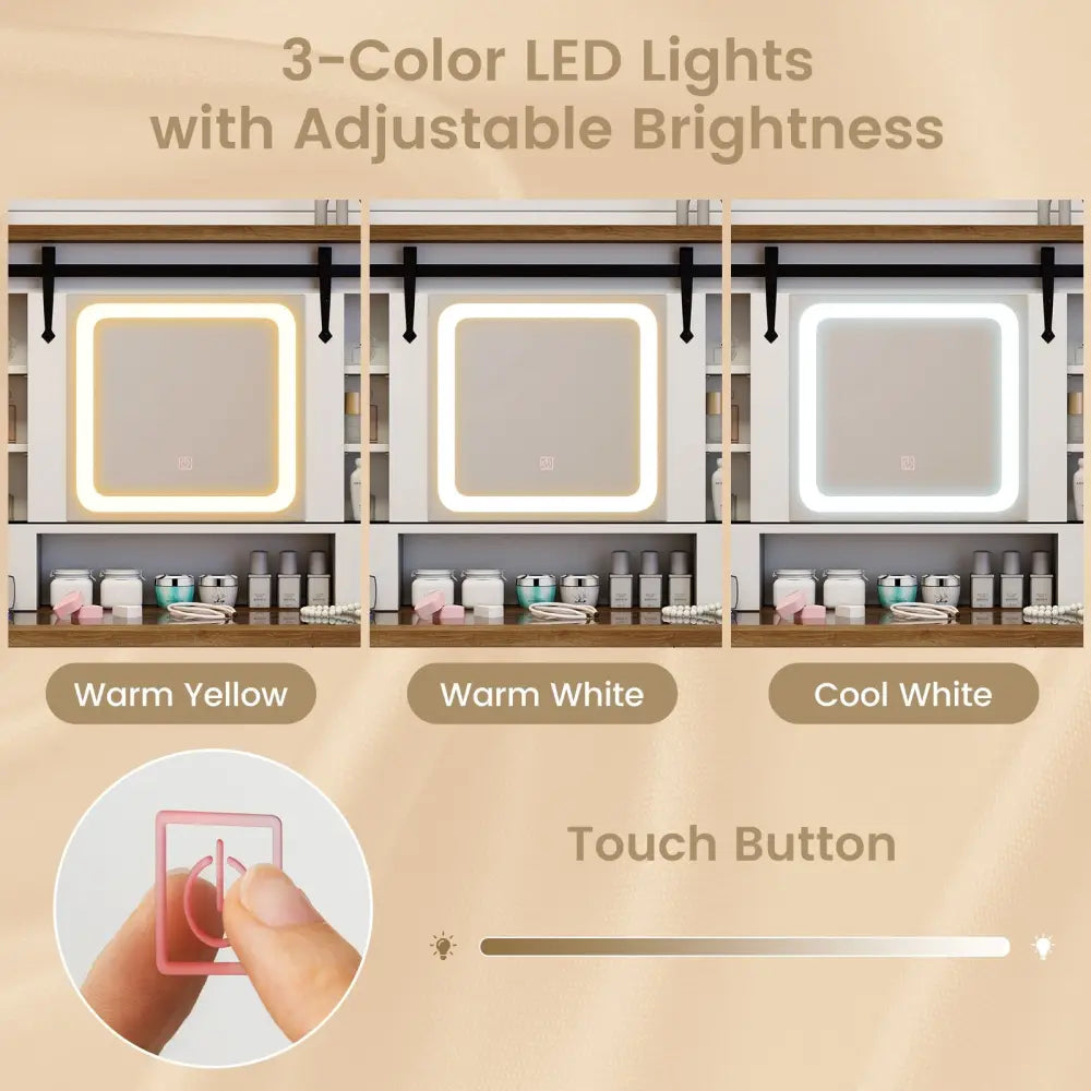 Makeup Vanity Desk with Mirror and 3-Color Dimmable LED Lights-White - White - Makeup Vanities