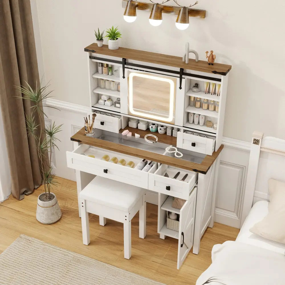 Makeup Vanity Desk with Mirror and 3-Color Dimmable LED Lights-White - White - Makeup Vanities