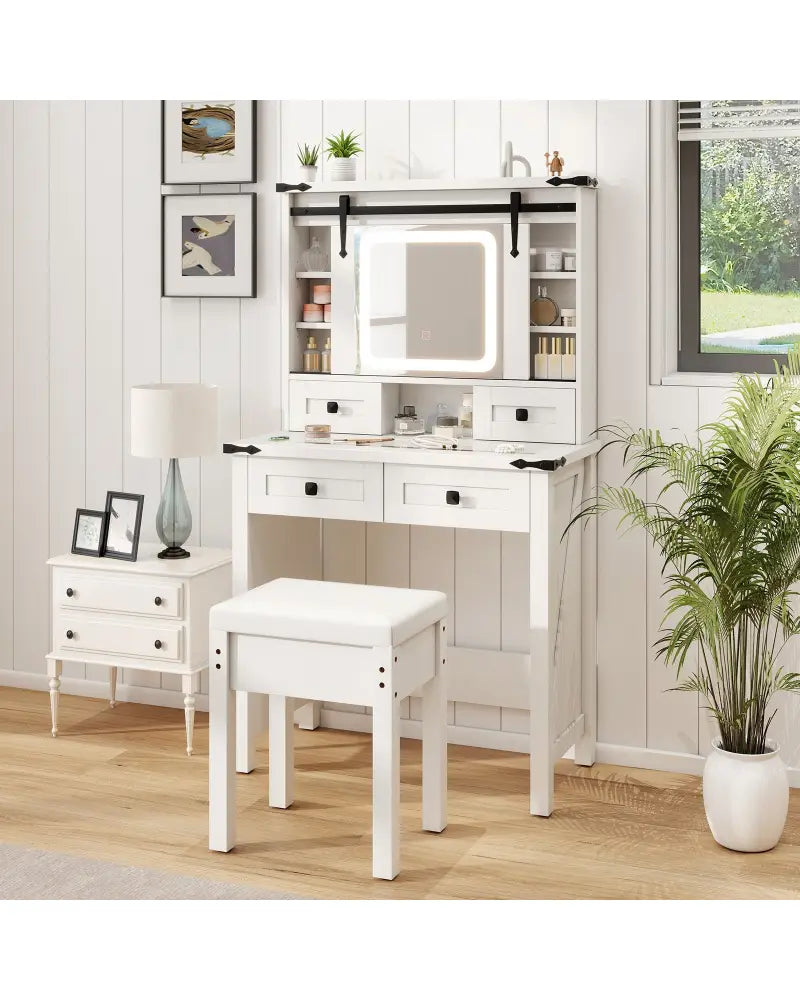 Makeup Vanity Desk with Mirror and Adjustable Storage Shelves-White - White - Makeup Vanities
