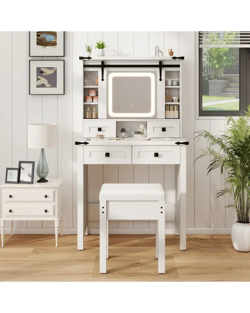 Makeup Vanity Desk with Mirror and Adjustable Storage Shelves-White - White - Makeup Vanities