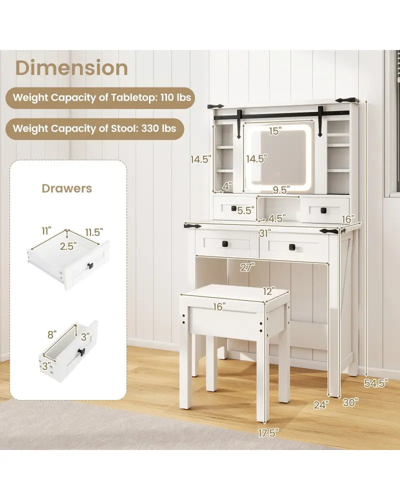 Makeup Vanity Desk with Mirror and Adjustable Storage Shelves-White - White - Makeup Vanities