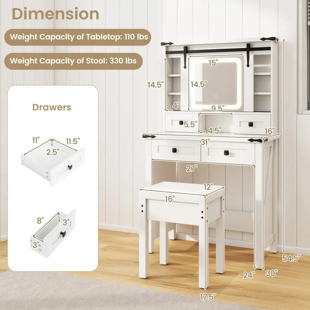 Makeup Vanity Desk with Mirror and Adjustable Storage Shelves-White - White - Makeup Vanities