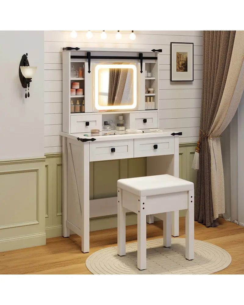 Makeup Vanity Desk with Mirror and Adjustable Storage Shelves-White - White - Makeup Vanities