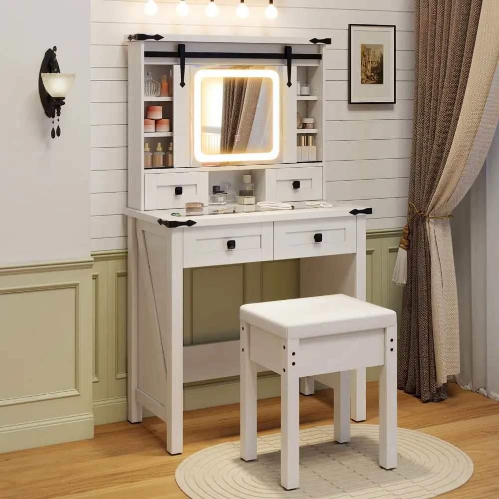 Makeup Vanity Desk with Mirror and Adjustable Storage Shelves-White - White - Makeup Vanities