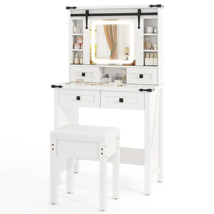Makeup Vanity Desk with Mirror and Adjustable Storage Shelves-White - White - Makeup Vanities
