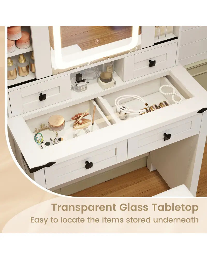 Makeup Vanity Desk with Mirror and Adjustable Storage Shelves-White - White - Makeup Vanities