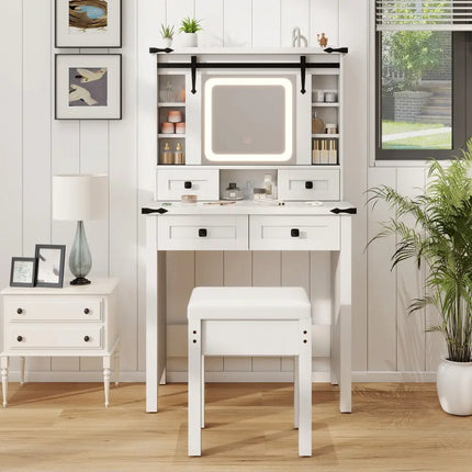 Makeup Vanity Desk with Mirror and Adjustable Storage Shelves-White - White - Makeup Vanities