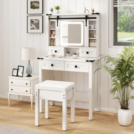 Makeup Vanity Desk with Mirror and Adjustable Storage Shelves-White - White - Makeup Vanities