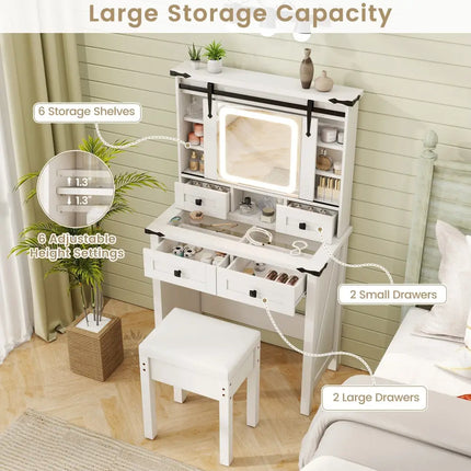 Makeup Vanity Desk with Mirror and Adjustable Storage Shelves-White - White - Makeup Vanities