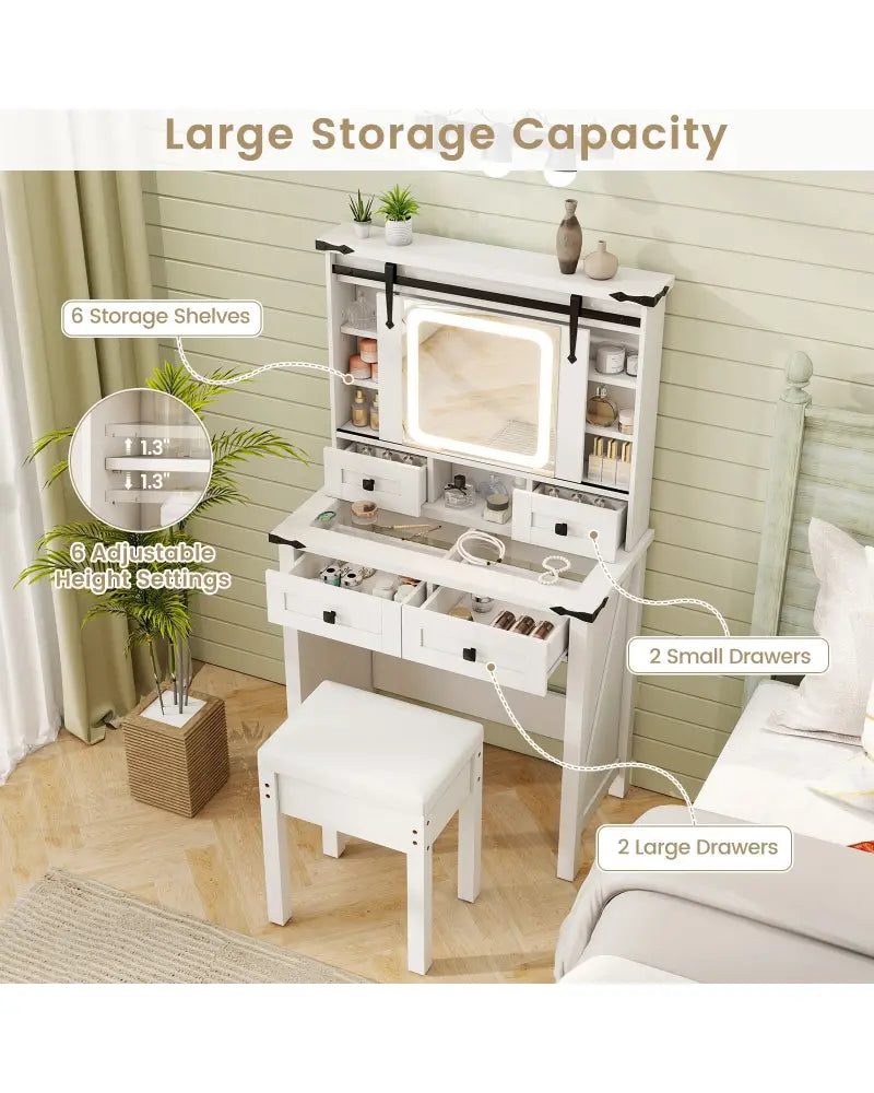 Makeup Vanity Desk with Mirror and Adjustable Storage Shelves-White - White - Makeup Vanities